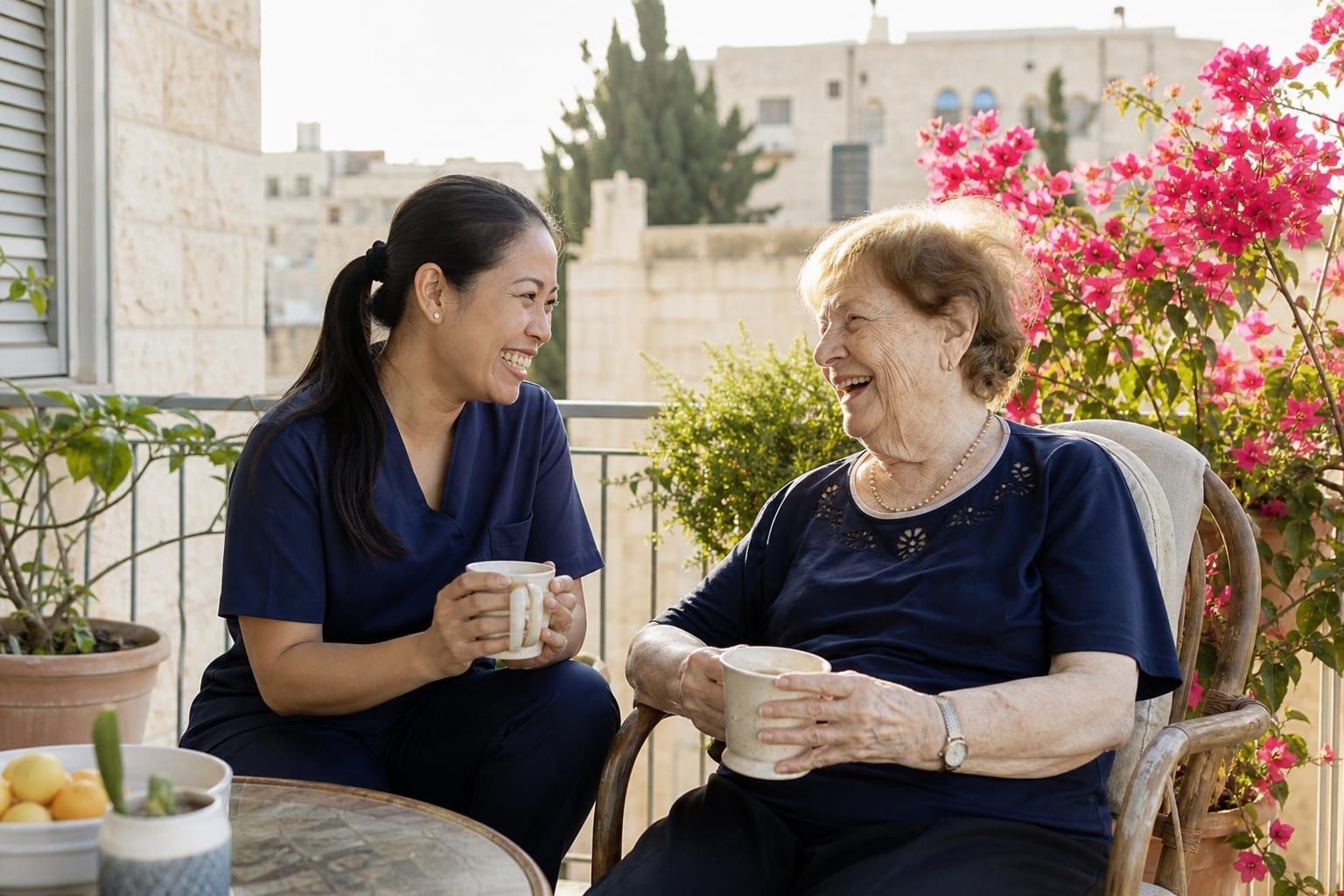 מטפלת פיליפינית וקשישה ישראלית שותות תה וצוחקות במרפסת
